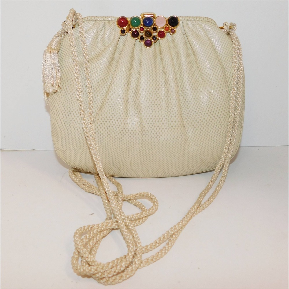 Judith Leiber Vintage Beige Karung Leather Multi Cabochon Clutch Crossbody Bag